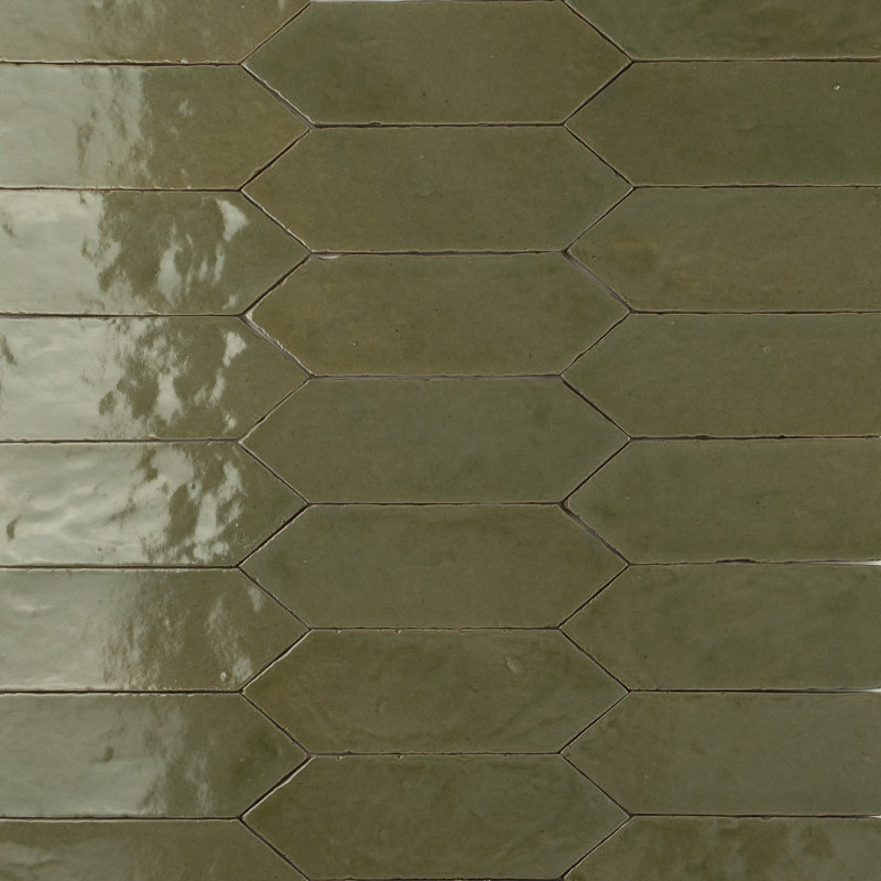 Morokko 2.5" x 8" Handmade Zellige Picket Glossy Wall Tile, Bejmat Olive Light Green