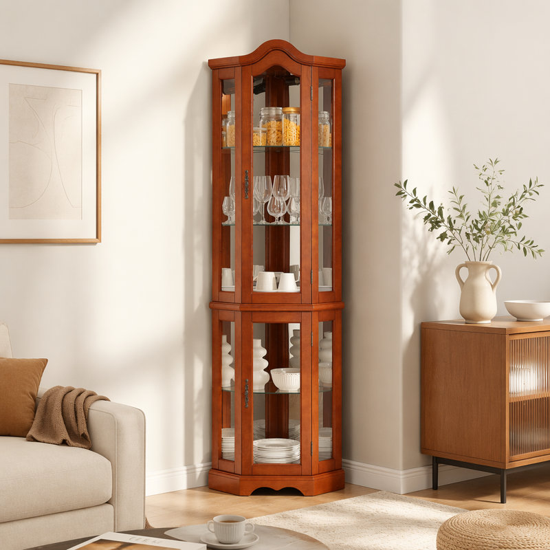 Vitrine de coin avec lumières, tablettes réglables en verre trempé, dos en miroir, vitrine (ampoule E26 non incluse), Walnut