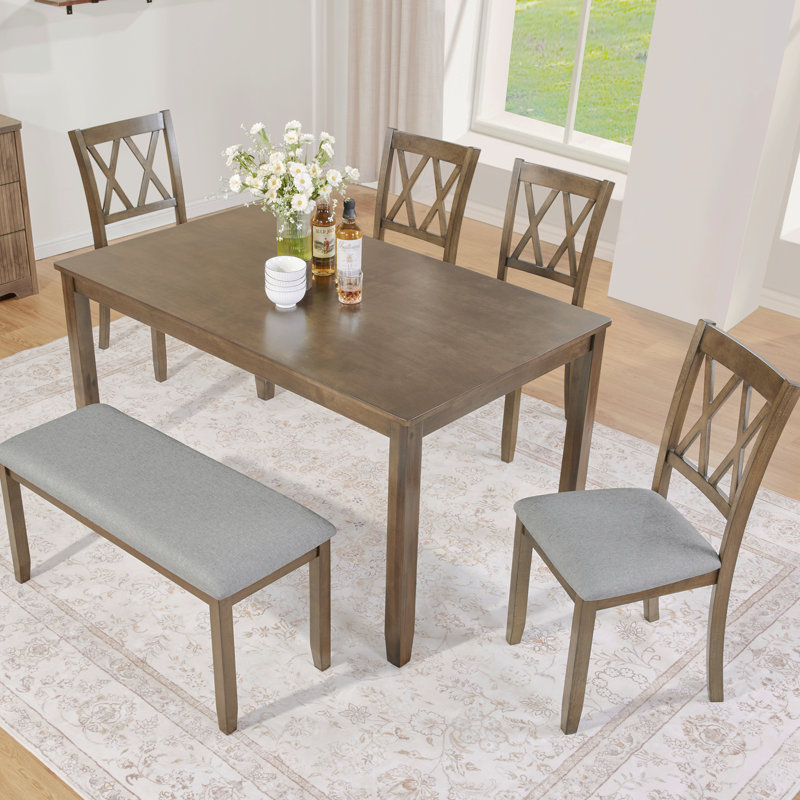 Ensemble de table de salle à manger 6 pièces rectangulaire en bois d'acacia, table de salle à manger élégante avec 4 chaises de coussin et 1 banc rembourré, ensemble de table moderne avec dossier en croix classique pour la salle à manger et la cuis