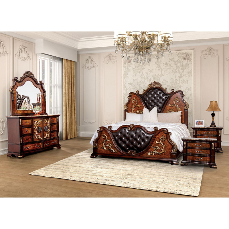 Ensemble de chambre à coucher Allerdale, Grand lit, Cinq pièces : Lit, 2 tables de chevet, commode, m