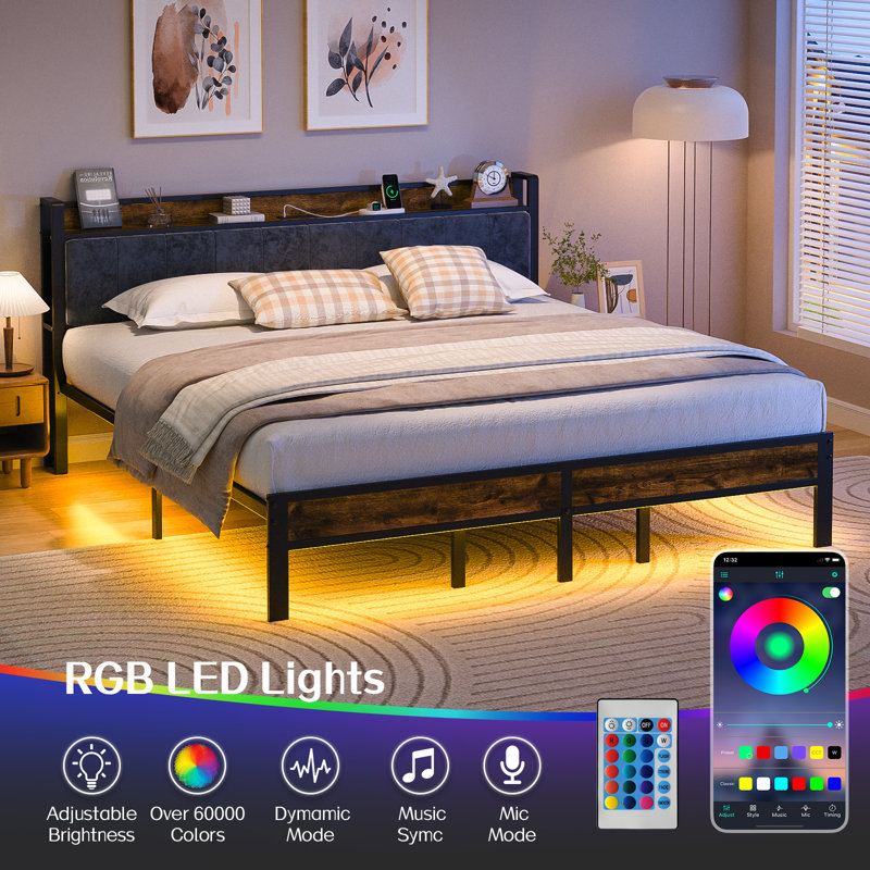 King Upholstered Bed Frame With LED Lights & Storage Headboard, Metal Platform Bed with Charging Station, No Box Spring Needed