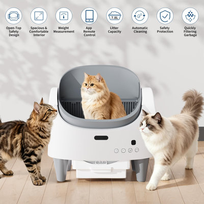 Bac à litière pour chat autonettoyant à couvercle ouvert et autonettoyant - Robot intelligent contrôlé par application - Contrôle des odeurs - Hauteur d'entrée réglable - Fonctionnement silencieux - Grande poubelle scellée, Canada blanc