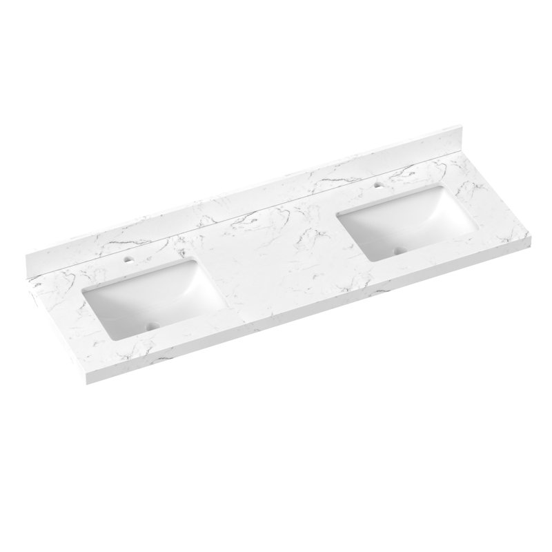 60" White Engineered Stone Vanity Top With Double Rectangular Ceramic Sinks And 4" Backsplash