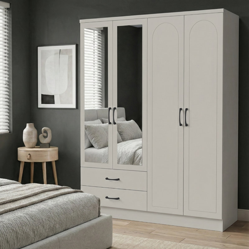 Millbury Shelton 4 Door 2 Drawer Wardrobe with Mirror, Light Grey