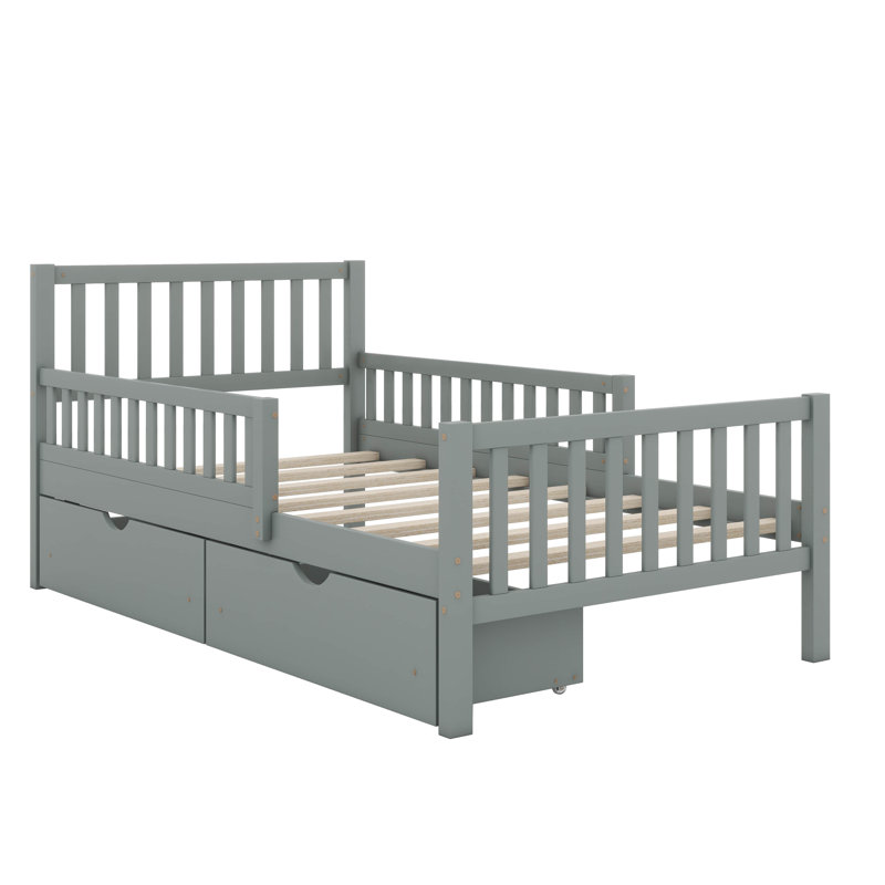 Kids Bed Frame With Fences And 2 Drawers,Wooden Platform Bed With Guardrails On Both Sides For Boys Girls, Gray, Twin
