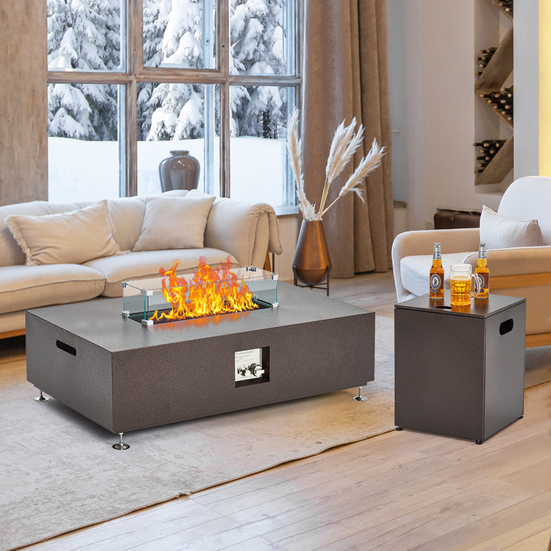 48" Outdoor Fire Table, 48 inch Rectangle Propane Gas Fire Pit Table, 50,000 BTU Modern Firepit with 16 inch Tank Cover Side Table, Wind Guard, Fire Glass, Rain Cover