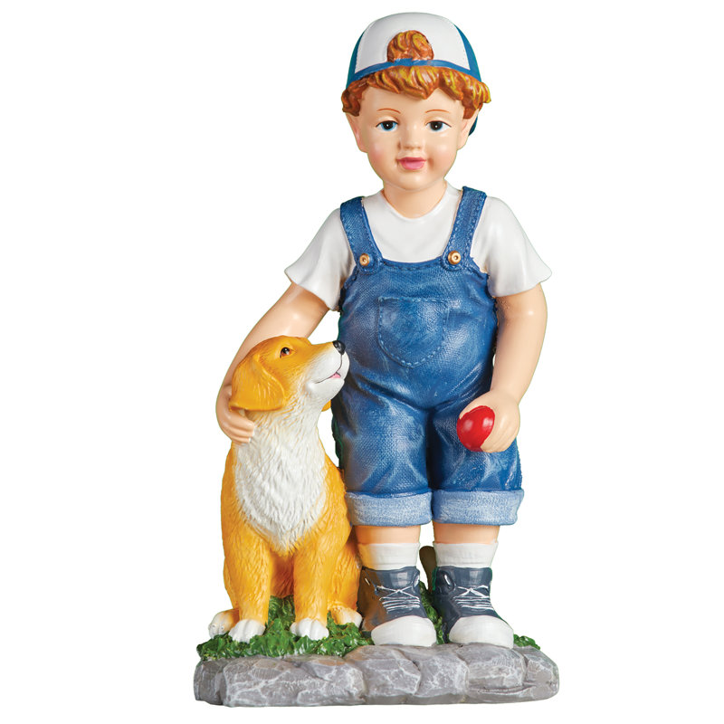 Hand-Painted Boy in Denim Overalls with Dog Garden Statue