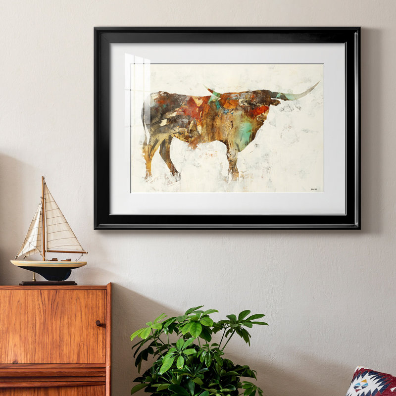 " Long Horn ", Black Framed Paper, 22.5" H x 30.5" W x 1.5" D