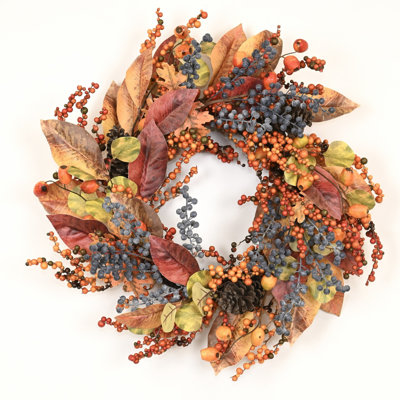 24" Artificial Farmhouse Autumn Mixed Leaves Blossom Cluster Berry Pinecones Fall Front Door Wreath Thanksgiving Day Entryway Decor