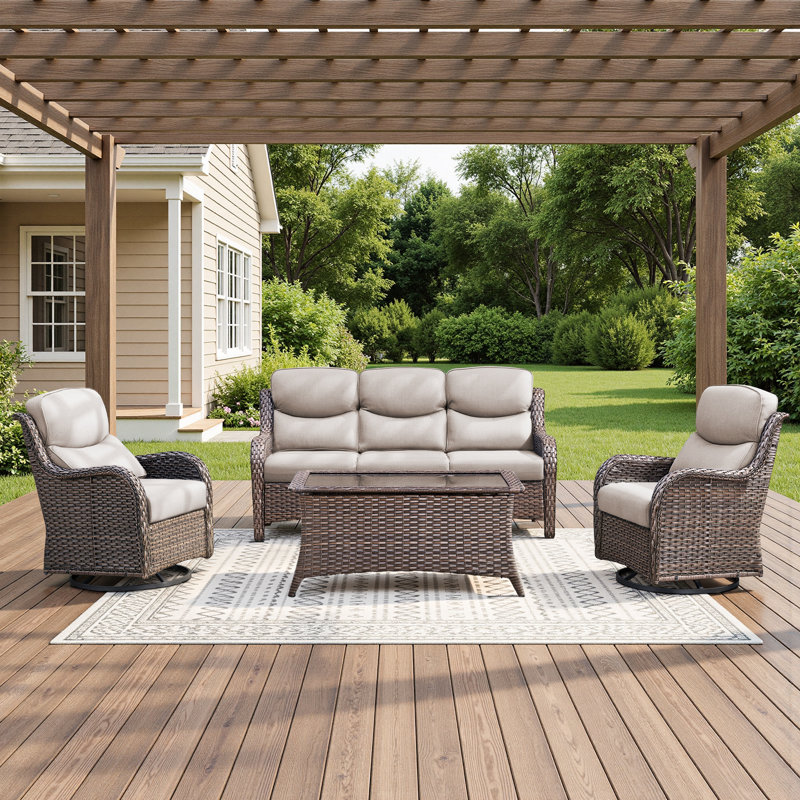 4-Pieces Outdoor Wicker Patio Sofa Set With Coffee Table And Swivel Chairs, Beige Cushion/Brown Frame