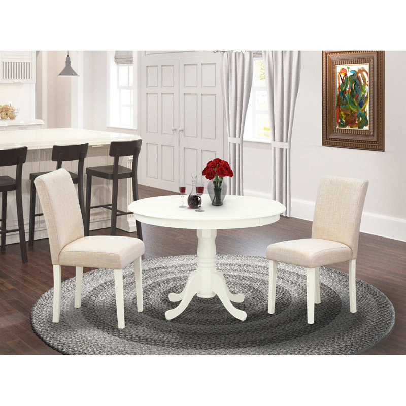 3 Piece Dining Set Contains a Round Dining Room Table with Pedestal and 2 Light Beige Linen Fabric Upholstered Parson Chairs, 42x42 Inch, Linen White
