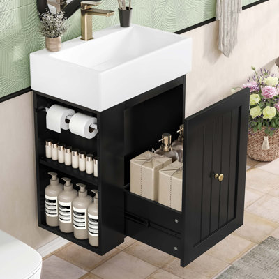 Meuble-lavabo de 20 pouces avec lavabo en céramique, armoire de rangement en panneau de fibres à densité moyenne avec tiroir, tablette latérale et poignée dorée - meuble-lavabo moderne pour les petites salles de bain