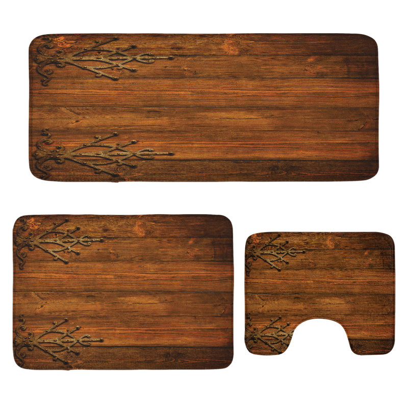  Antique Bathroom Rug Set 3 Pieces U-Shape & Rectangle Mats Dark Rosewood