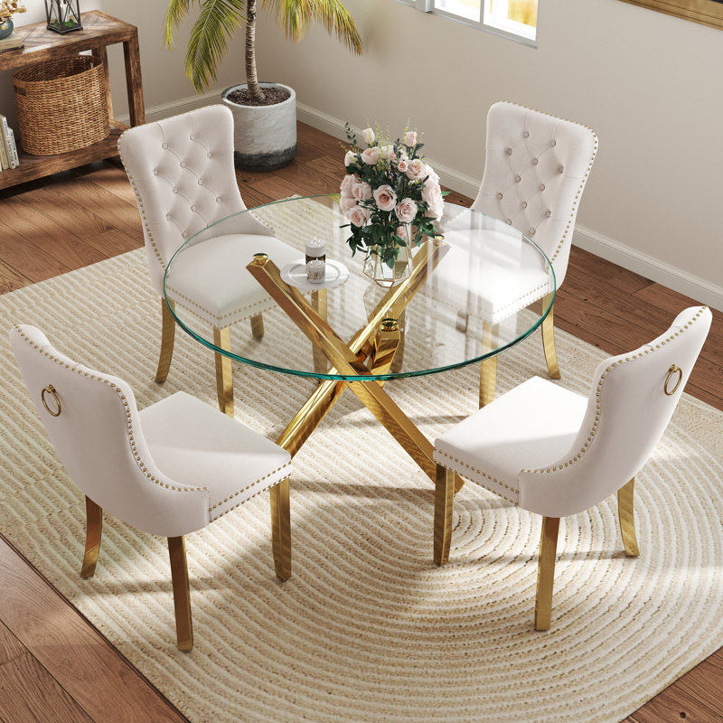 Ensemble de table de salle à manger 5 pièces, H 29,5 po x L 39 po x l 39 po, Beige/Or, Or