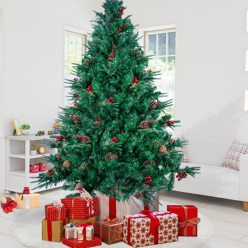Arbre de Noël artificiel vert 6 pi avec pomme de pin et fruit rouge, H 7 pi