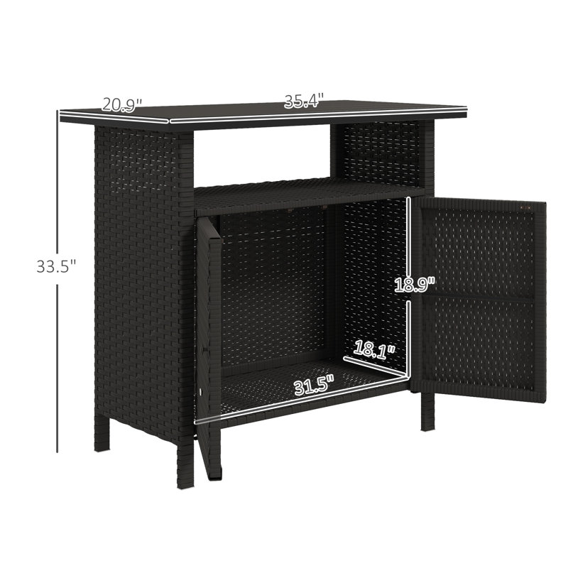 Outsunny Wicker Outdoor Storage Cabinet, Rattan Outdoor Bar Table with 2 Doors and Shelf, Outdoor Buffet Cabinet Sideboard with Metal Slatted Countertop for Poolside, Patio, Backyard