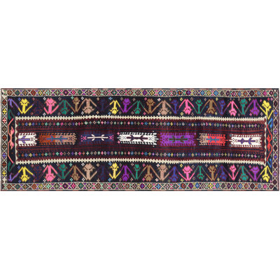 Runner One-of-a-Kind Hand-Knotted 1960s 3'10" x 10' Runner Wool Area Rug in Black/Purple/White/Pink