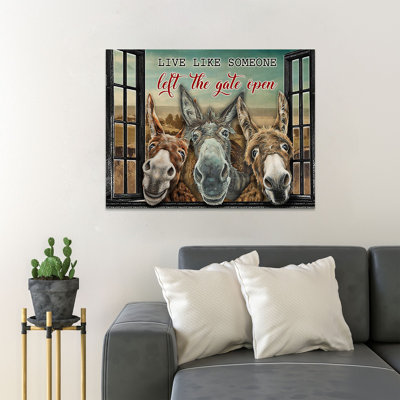 Donkeys And Window - Live Like Someone Left The Gate Open - 1 Piece Rectangle Graphic Art Print On Wrapped Canvas