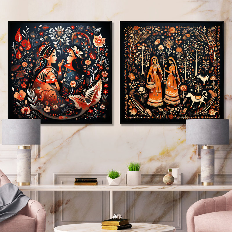 Indian Art Rajasthani Folklore Tales I - Art mural indien ensemble de salon de 2, Cadre flottant noir