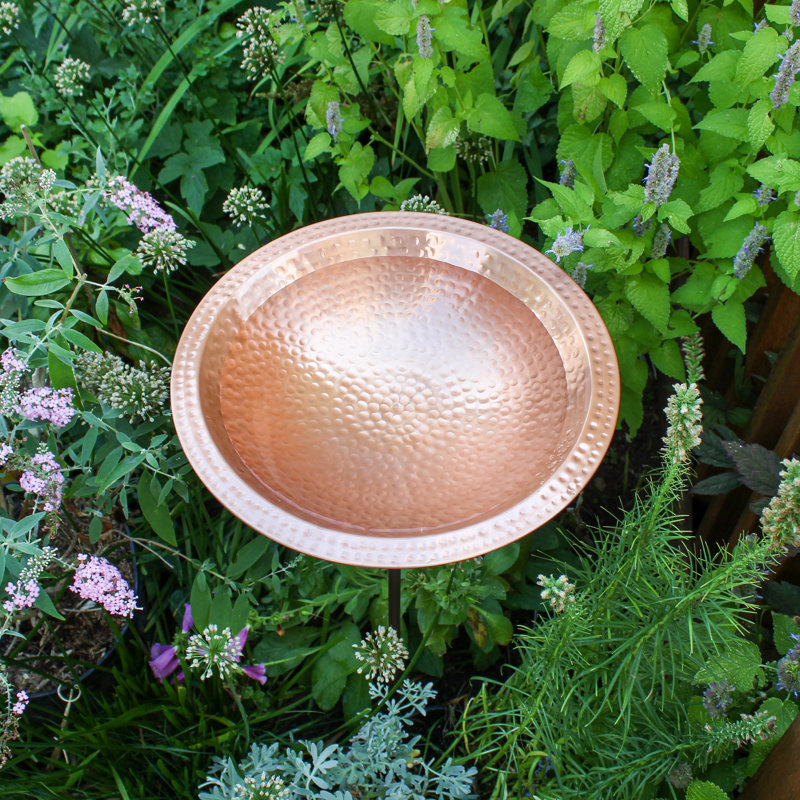 Hammered Solid Copper Birdbath with Wrought Iron Stake