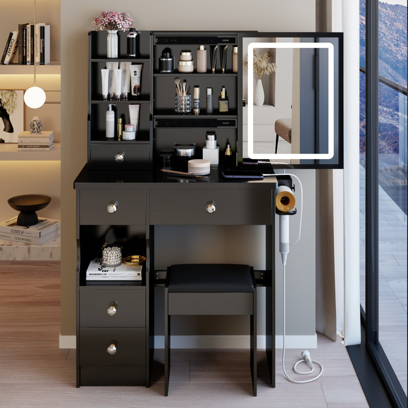 Petit meuble-lavabo 29,2 po avec tabouret de bureau et tabouret, Noir