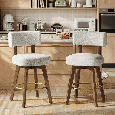 Upholstered Swivel Bar Stool with Solid Wood Frame & Gold-Plated Footrest