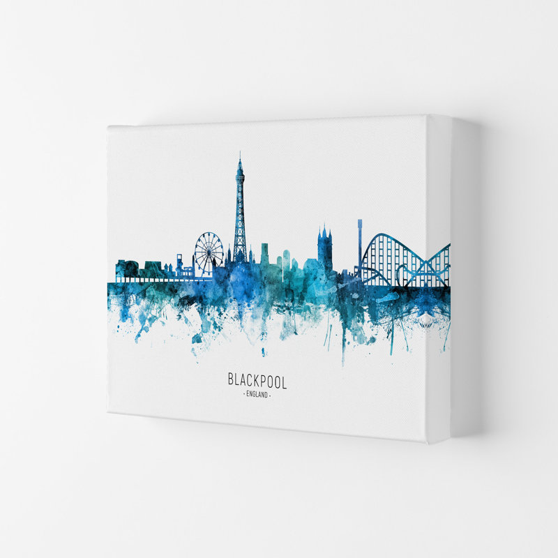 Blackpool England Skyline Blue City Name by Michael Tompsett - Print, Wrapped Canvas, 29.7cm H x 42cm W x 4cm D