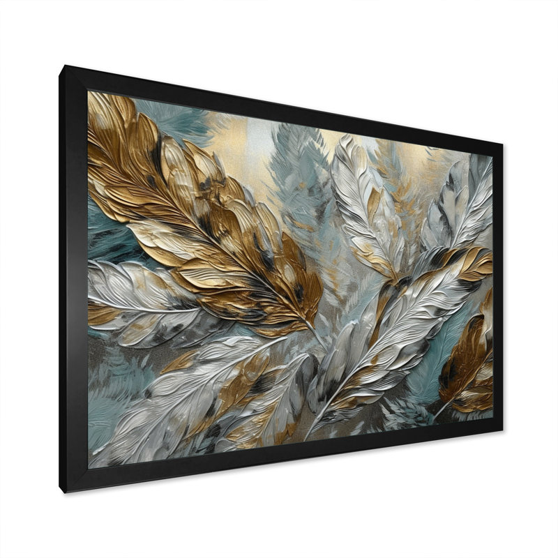 Argent et or Expressions de la liberté I - plume bohème, art mural, H 12 po x l 20 po x P 1 po, Cadre noir