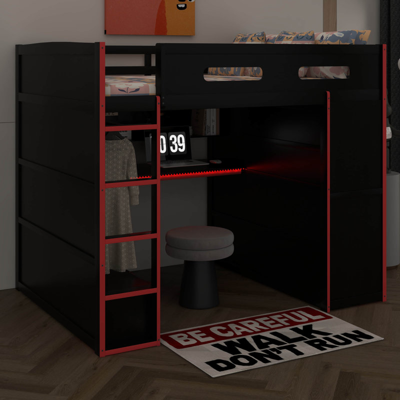 Lit mezzanine en bois pleine grandeur pour chambre à coucher, lit de jeu avec bureau, garde-robe, grand espace de rangement et lumière DEL RVB