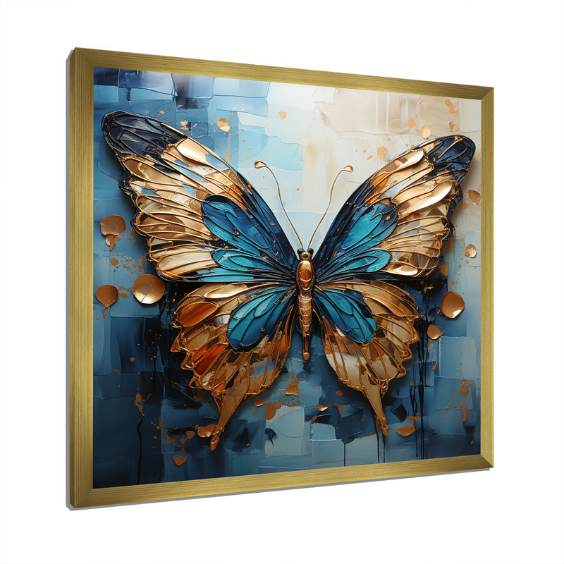 Or et bleu, papillon métallique I - art mural papillon, H 30 po x l 30 po x P 1,5 po, Cadre doré simple