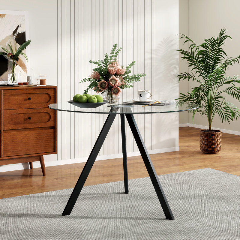 Bernadette Round Glass Top Dining Table, Pedestal Dining Table for 4, Modern Glass Dining Table, Leisure Coffee Table, Kitchen Circle Dinner Table, Saving Space