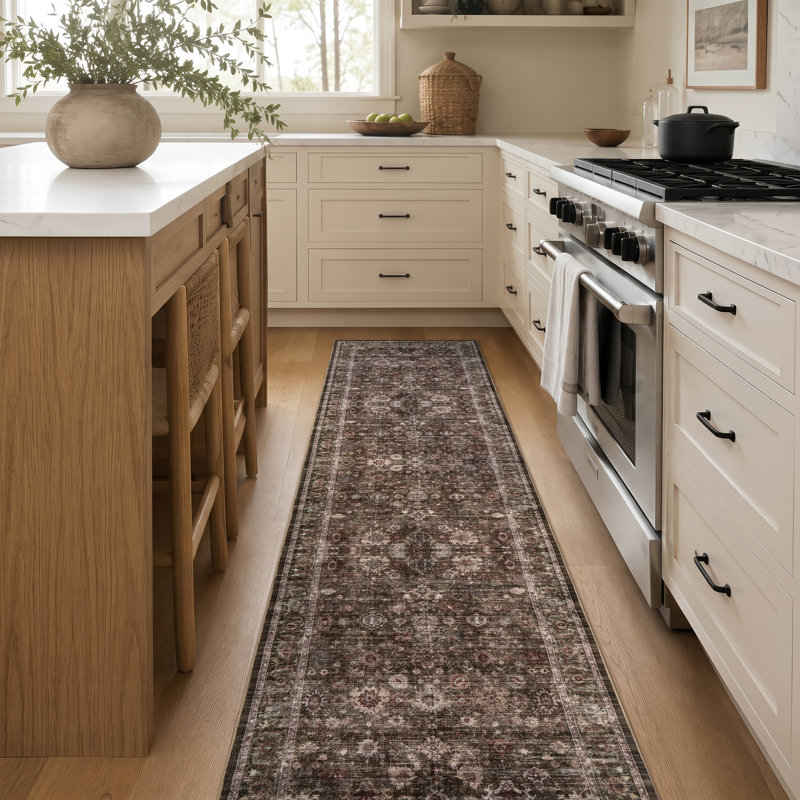 Tapis vintage à motif floral vert olive/brun, lavable à la machine, avec envers antidérapant, 2 pi x 10 pi