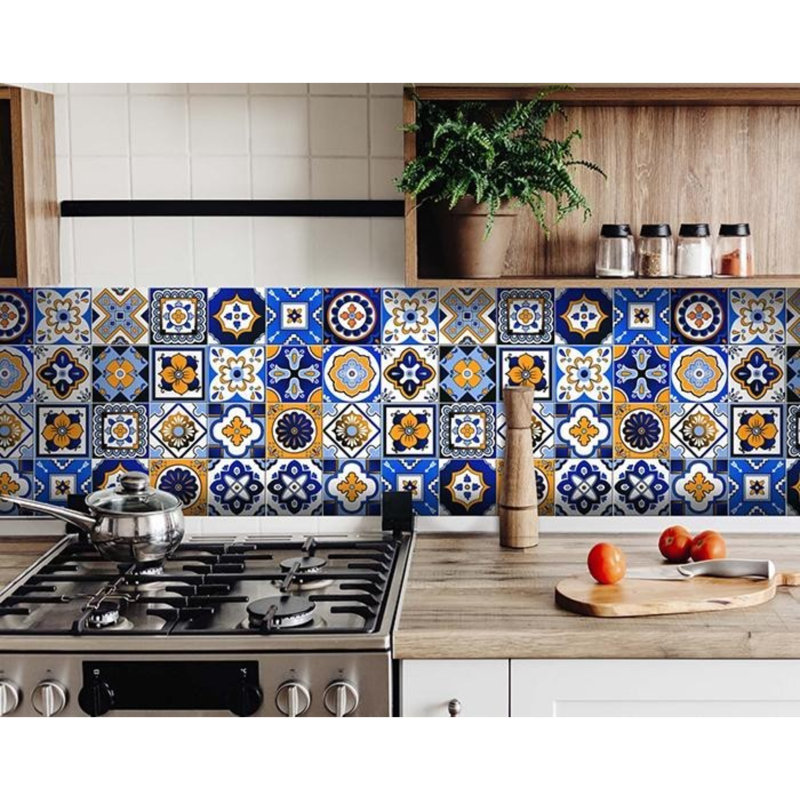 Adhésif décoratif à carreaux décoratifs, 8 po x 8 po, Jaune / Bleu / Blanc