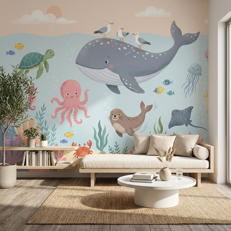 Murale sous-marine de créatures sous-marines, 160 po x 108 po, Peler et coller