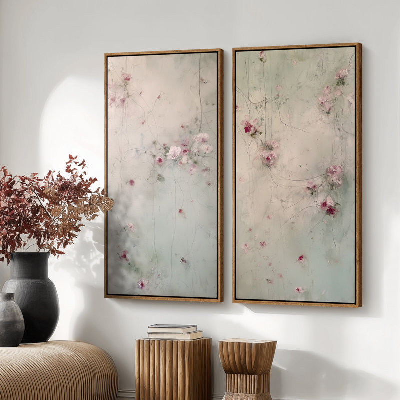 Doux jardin floral abstrait en rose et menthe - ensemble de 2 reproductions d'art murales encadrées sur toile 60 po x 20 po x 2 pièces, 60 po x 30 po x 2 pièces