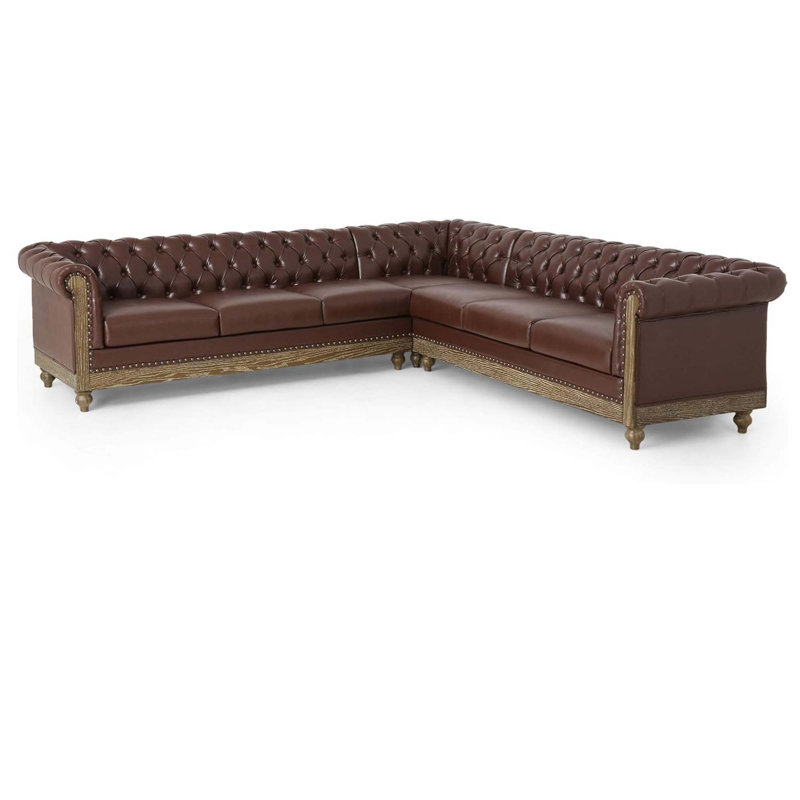 Grand canapé modulaire confortable avec pieds en bois, style rétro pour le salon, Similicuir brun