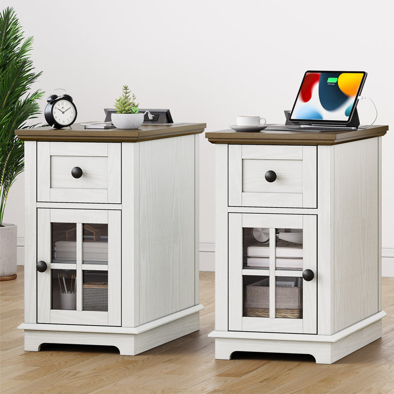 Antrea Tray Top End Table Set with Storage and Built-In Outlets, Dark Walnut Top/White Base