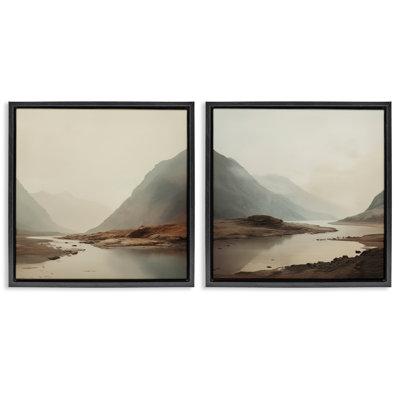 Fog Shrouded Cliffs & River 2 Piece Framed Floater Canvas Set, design by Lazar Studio