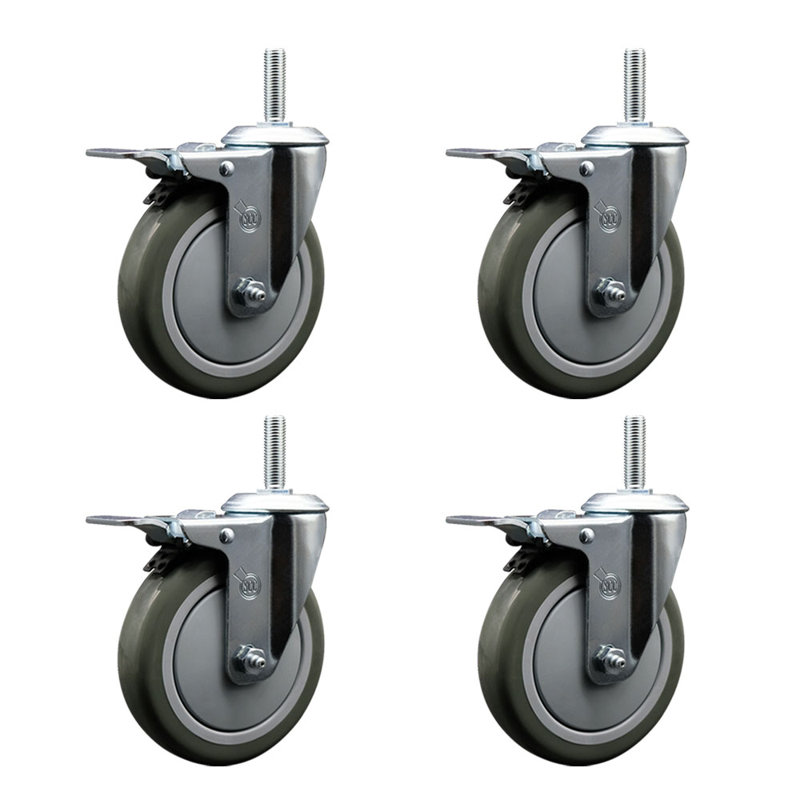 Ensemble de roulettes à tige filetée en poly pivotant de 5 po et 3/4 po avec frein à verrouillage total, Gris