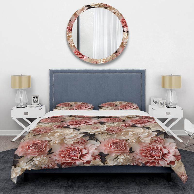Pink And White Delicate Peony Blooming Collage Floral Duvet Cover, King Duvet Cover + 2 King Shams