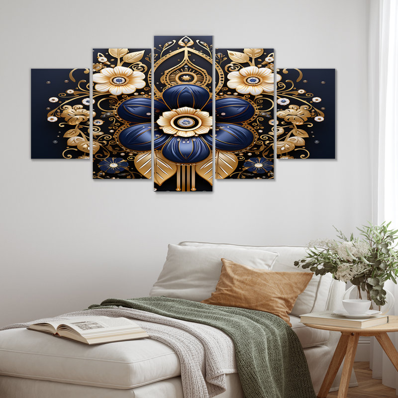 «Blue Flowers Persian Gold Ornamental Emblem», art floral moderne sur toile, 5 pièces