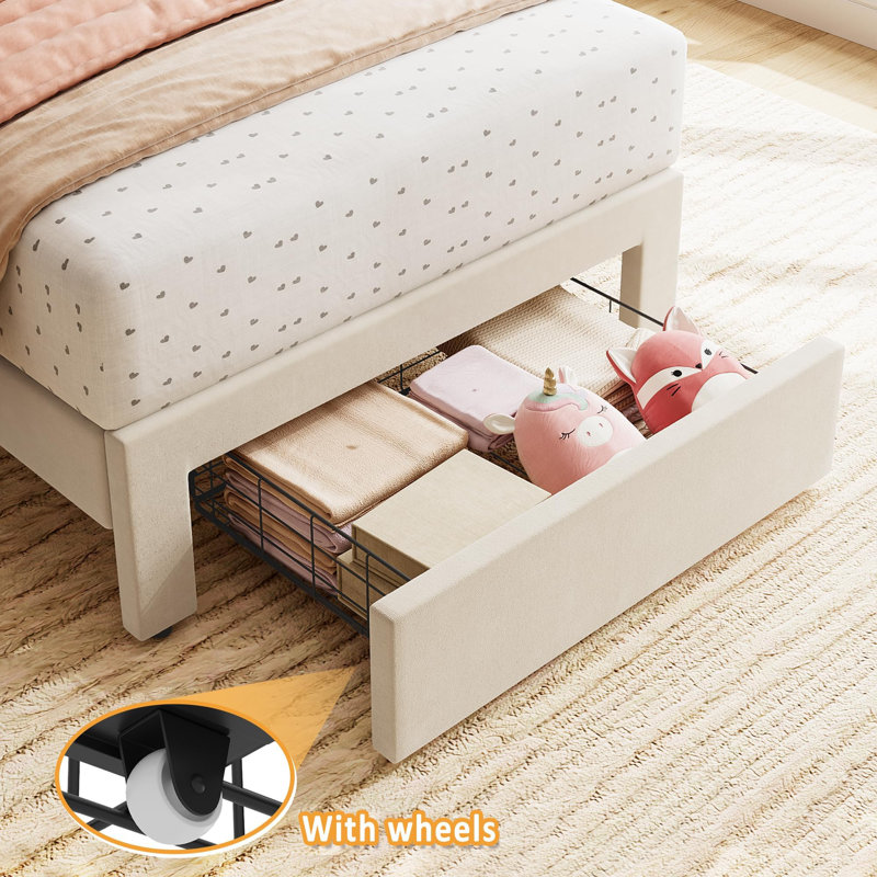 Structure de lit simple avec tiroir sous le lit, lit plateforme tapissier avec tête de lit Wave pour enfants / filles