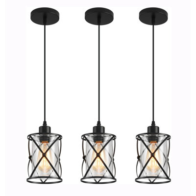 3 Lights Farmhouse Pendant Light with Glass Shade Matte Black Pendant Lighting for Kitchen