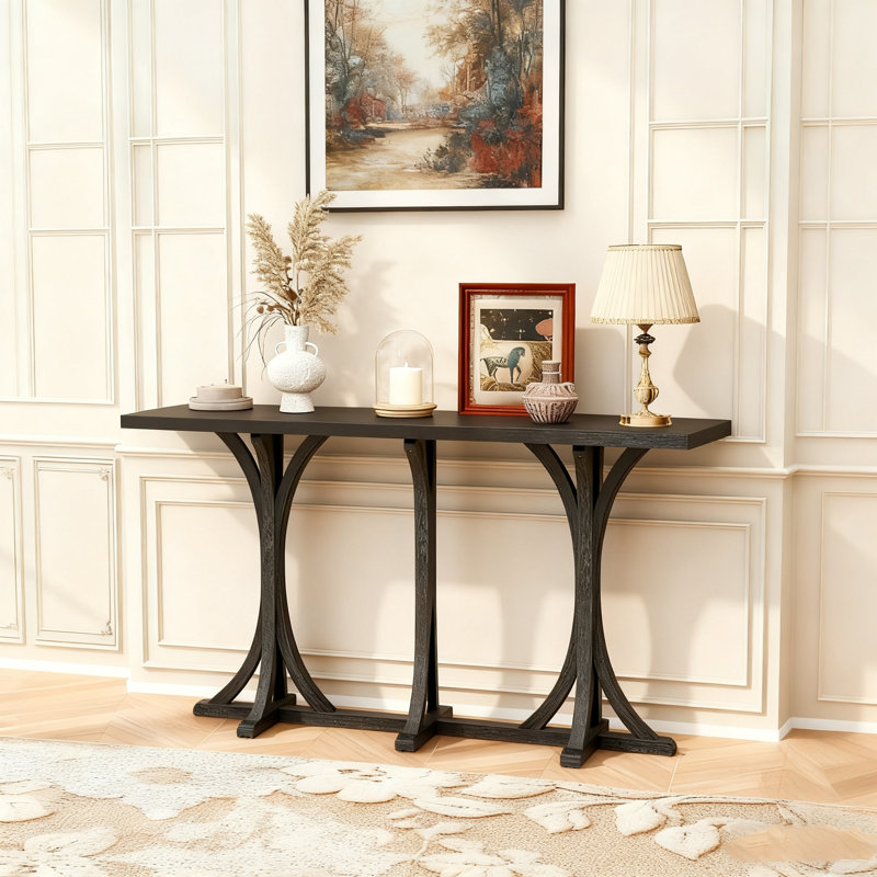 59.8'' Wooden Console Table With Veneer Top,Farmhouse Entryway Table With Rubber Wood Slender Curved Legs, Black
