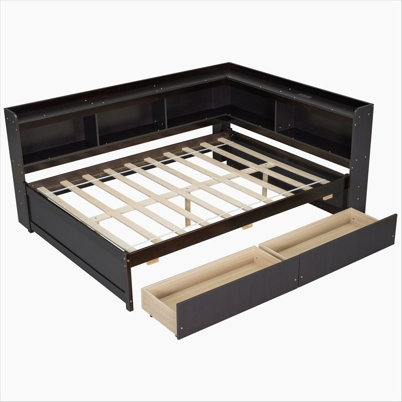 Lit double pleine grandeur en forme de L avec prises de courant, ports de chargement USB, deux tiroirs, espresso
