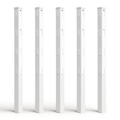 7ft Vinyl Ranch Universal Post, White PVC Fence Post with Cap and Hole Covers, Easy Installation and UV-Resistant Outdoor Vinyl Fence Replacement Parts for Ranch, Yard & Farm, Pack of 5