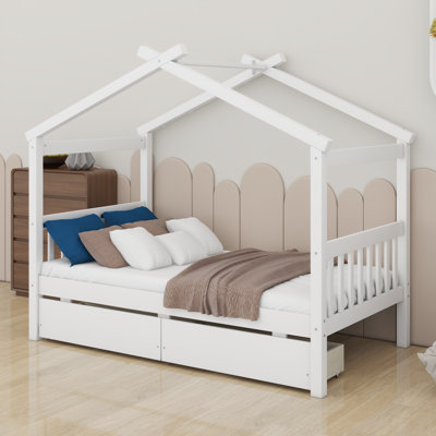 Lit simple avec deux tiroirs, cadre de lit simple pour enfants avec rangement, toit