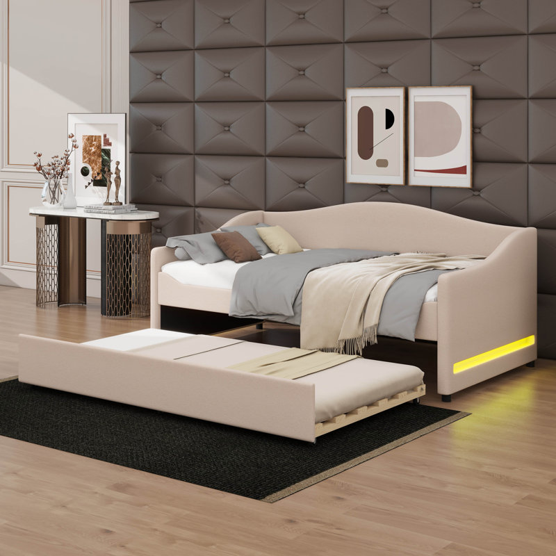 Lit de jour Teddy avec éclairage intégré et tablettes coulissantes, Beige, Lit simple