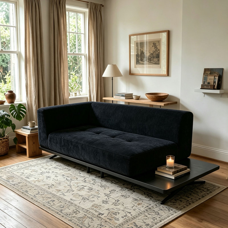 101"  Boneless Couch with Elevated Base, Modular Sectional Sofa with Deep Seat High Back, Easy Clean Black Chenille Sofa