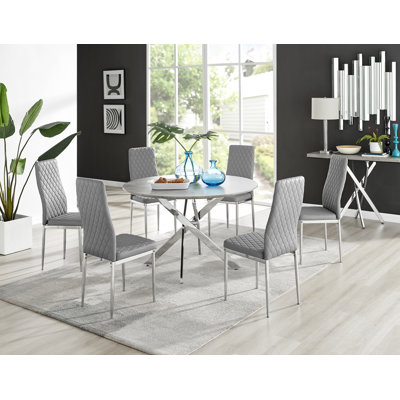 Tierra Modern Chrome Metal & Glass Round Dining Table Set with Quilted Faux Leather Chairs